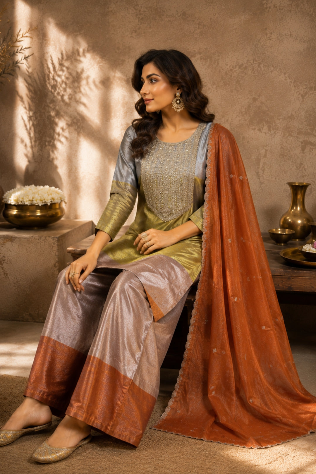 Colour-Block Grey Rust Tissue Silk Kurta Set