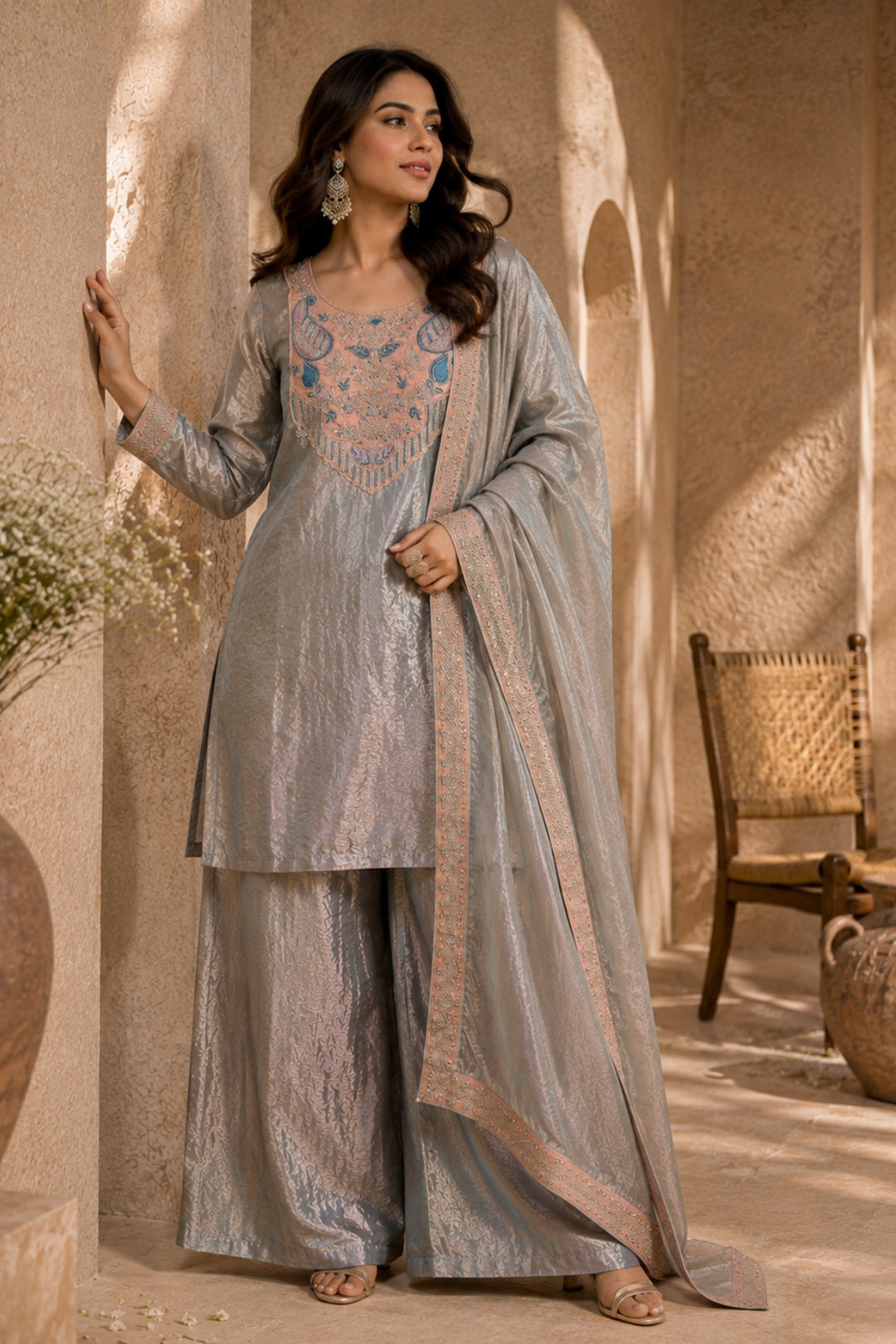 Grey Tissue Silk Kurta Set