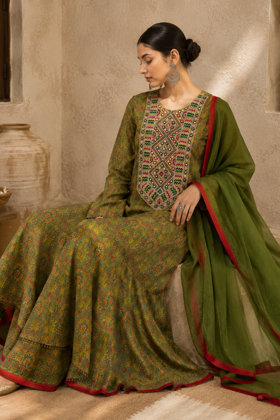 Olive Floral Sharara Set