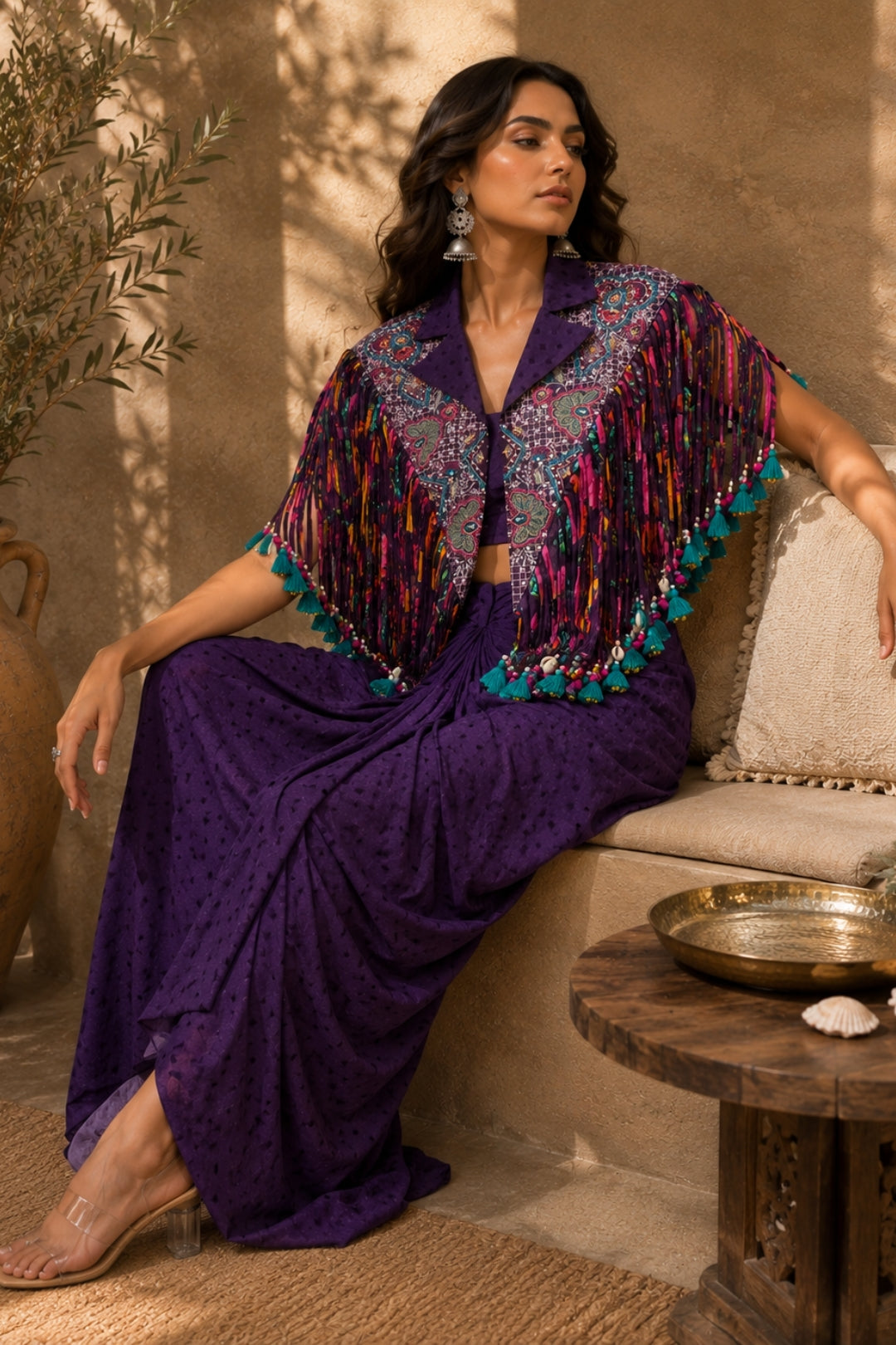 Purple Fringe Skirt Set