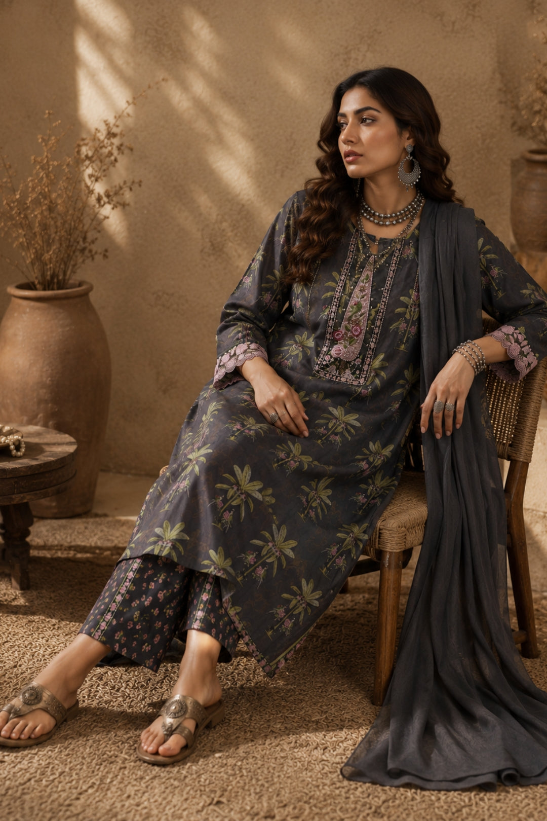 Charcoal Palm Kurta Set