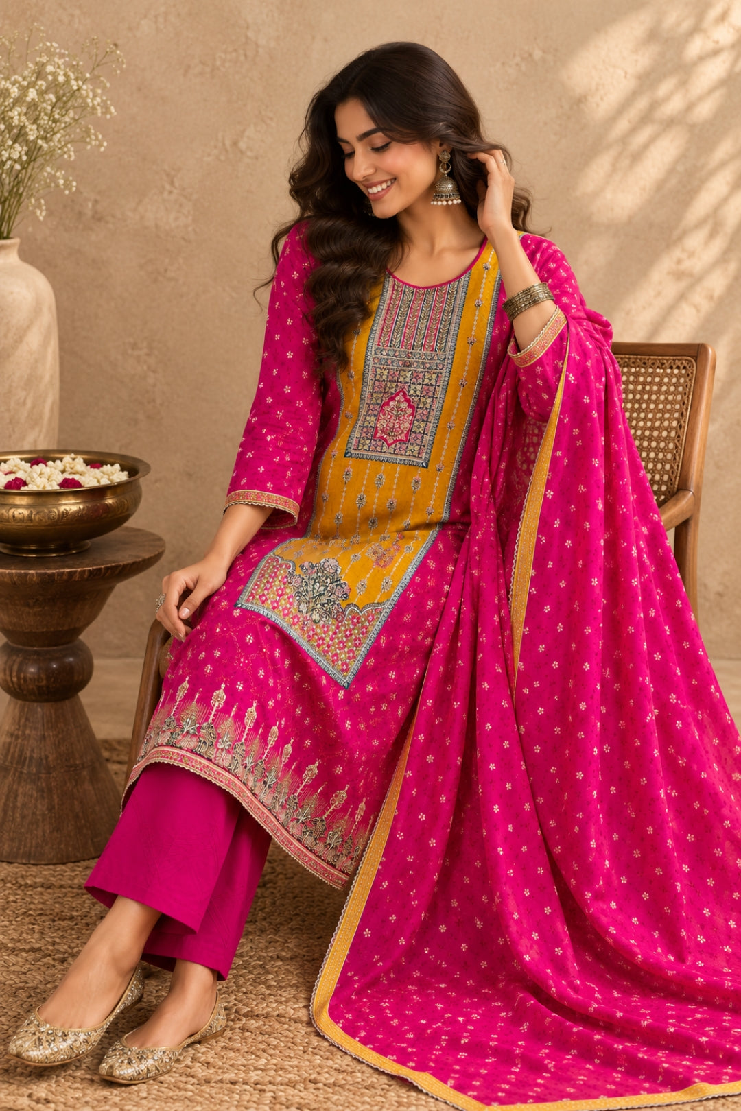Rani Pink Kurta with a Mustard Tapestry Set