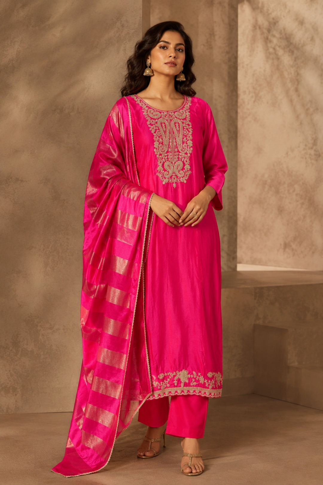 Rani Pink Silk Kurta Set