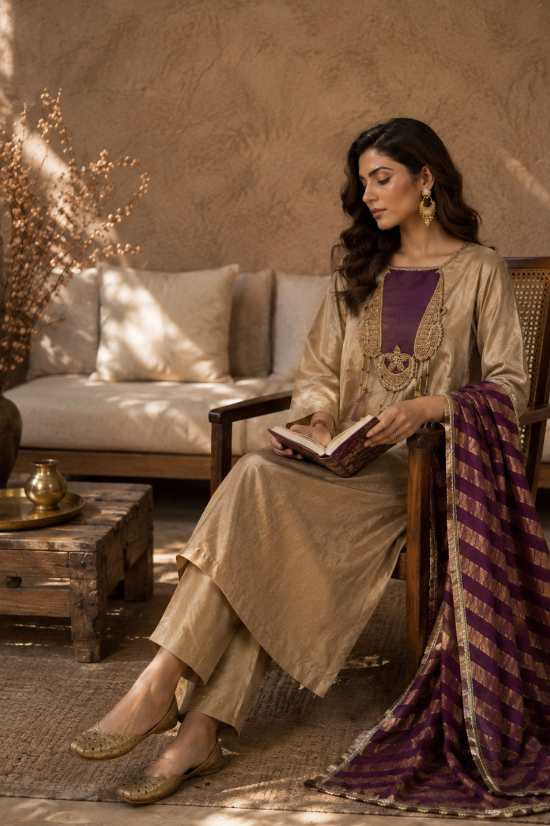 Beige-Gold Kurta Tassel Set