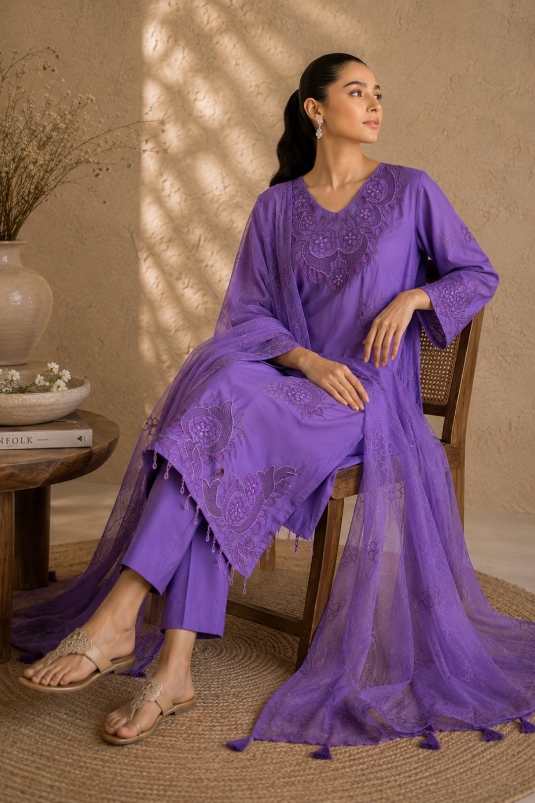 Lavender Floral Embroidered Kurta Set