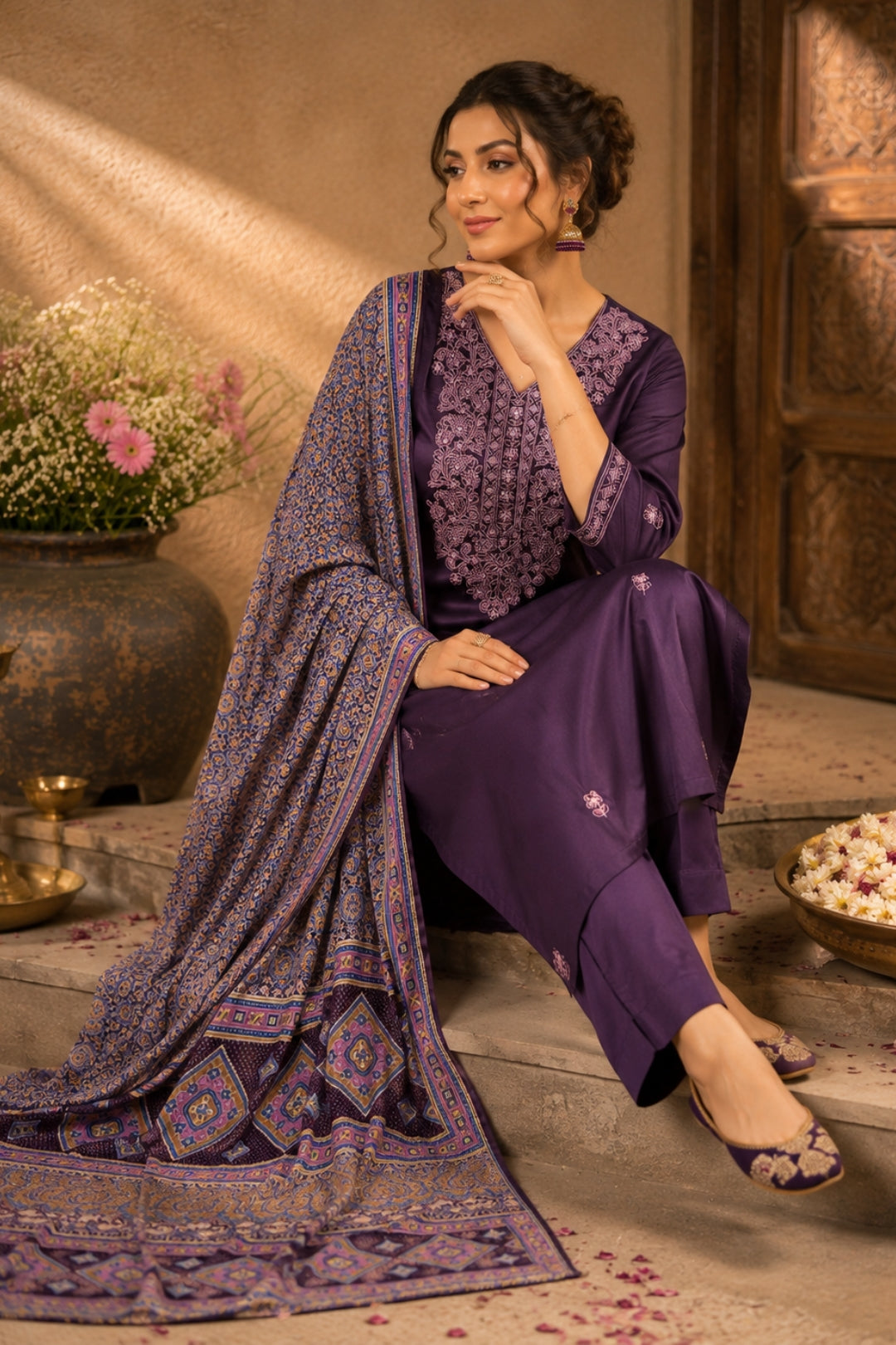 Purple Satin Kurta Set
