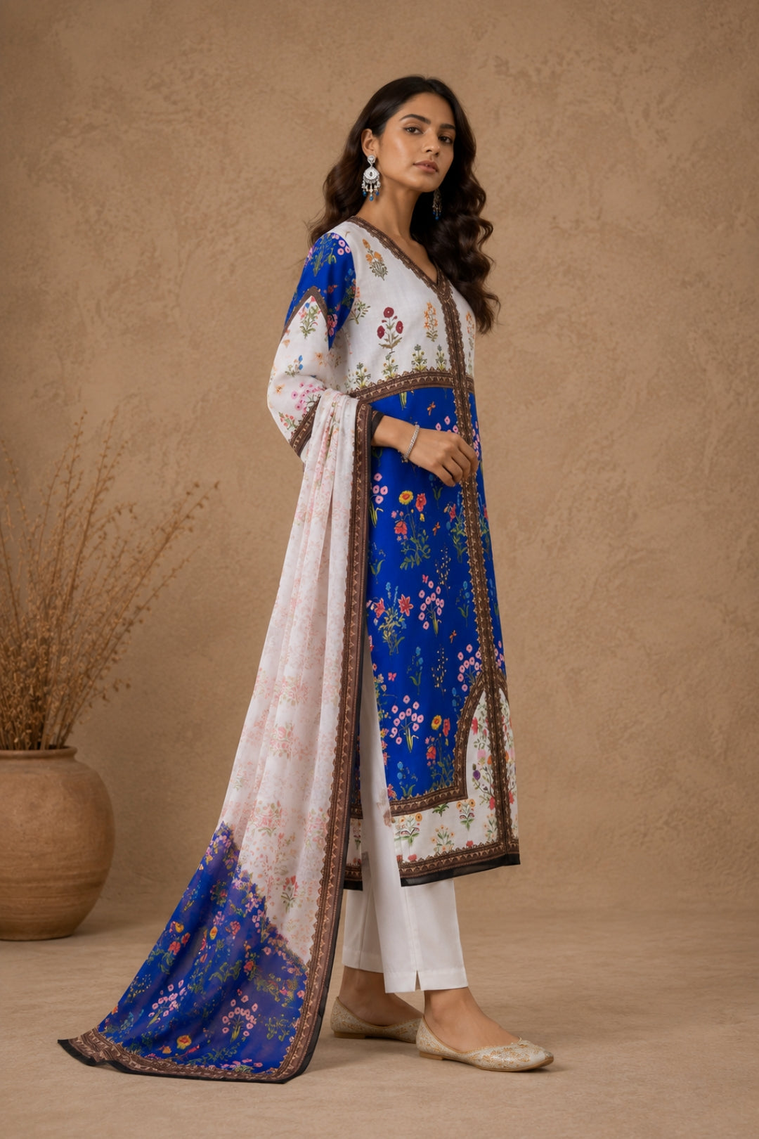 Royal Blue & White Botanical Kurta Set