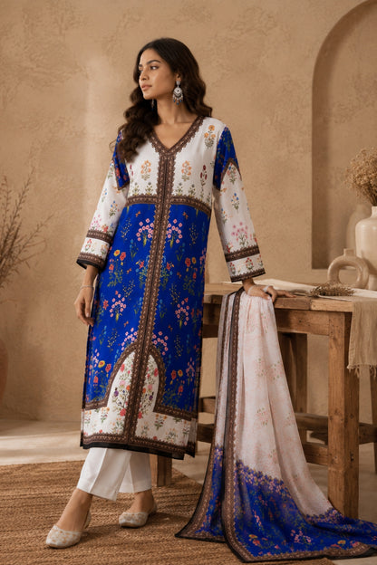 Royal Blue & White Botanical Kurta Set