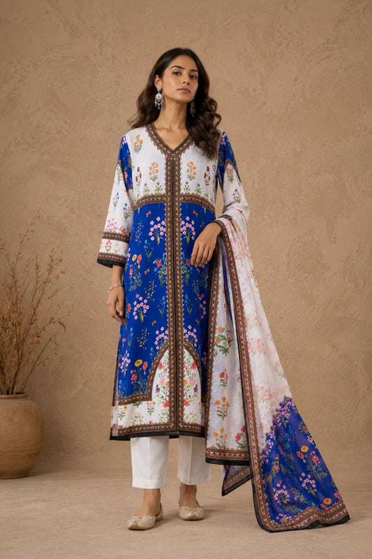 Royal Blue & White Botanical Kurta Set