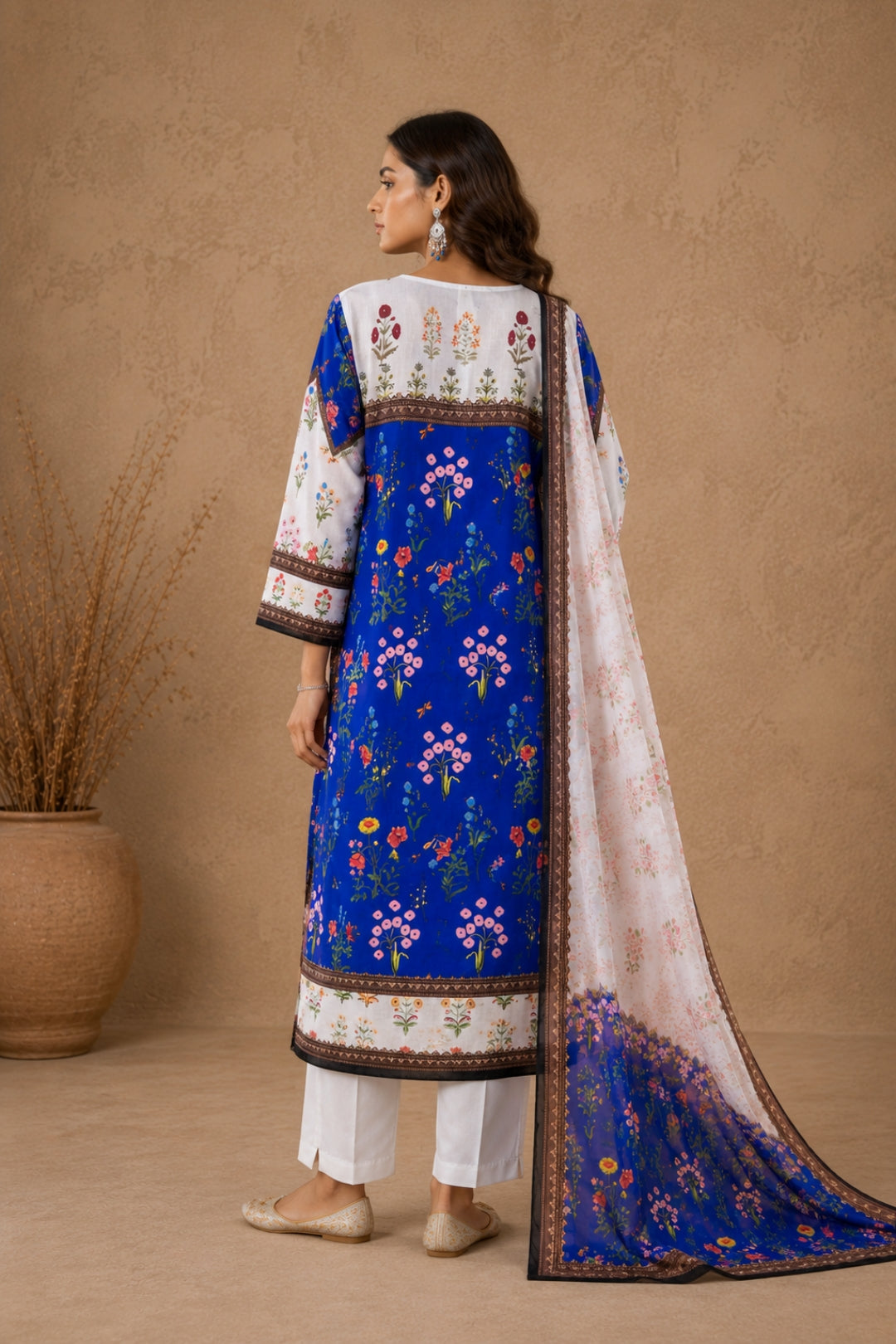 Royal Blue & White Botanical Kurta Set