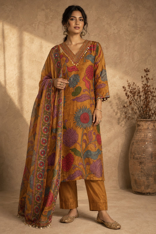 Mustard Floral Beaded Kurta