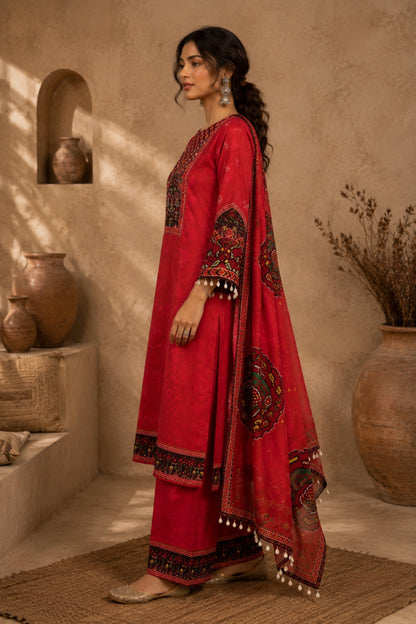 Red Tribal Mul Chanderi Kurta