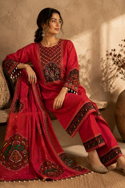 Red Tribal Mul Chanderi Kurta