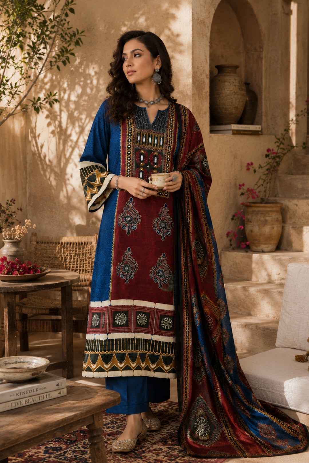 Navy Blue Tribal Print Kurta Set