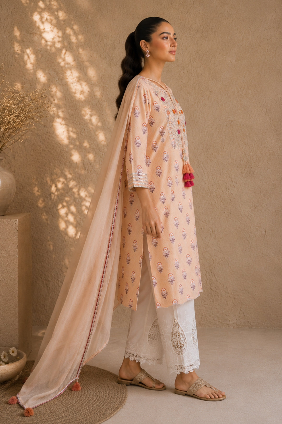 Peach Booti Kurta set