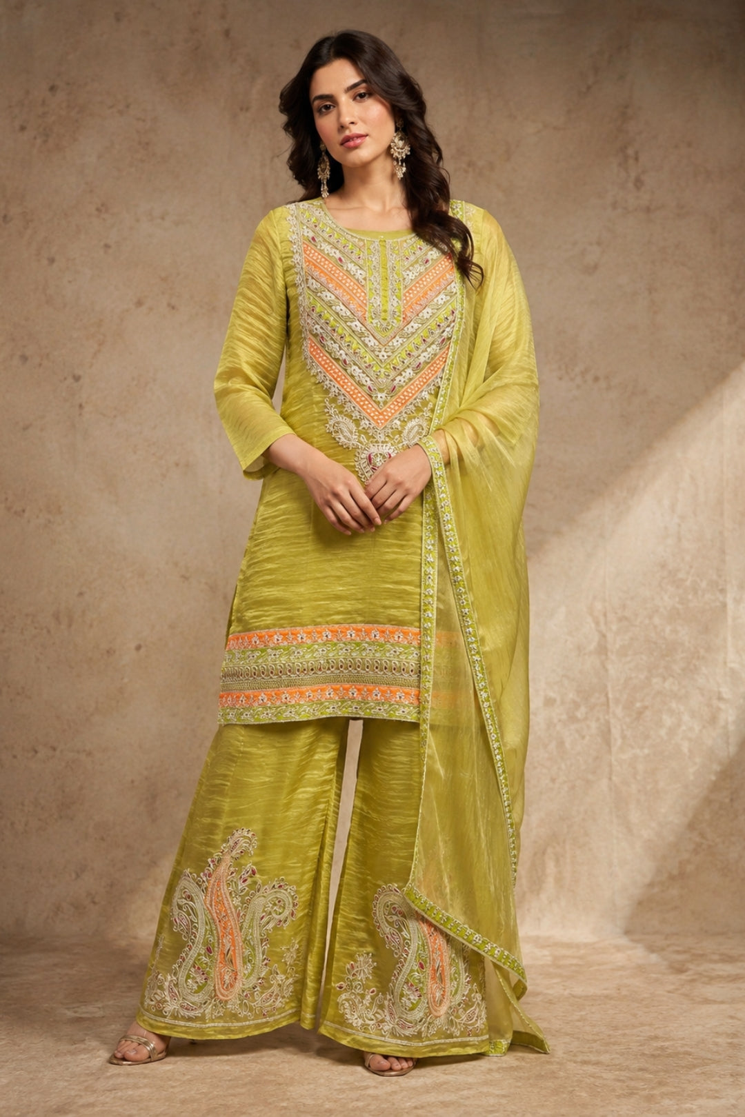 Lime Green Crushed Tissue Kurta Set