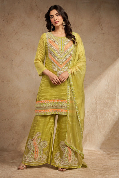 Lime Green Crushed Tissue Kurta Set