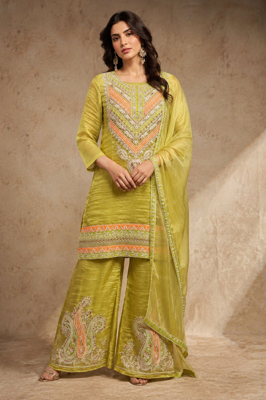 Lime Green Crushed Tissue Kurta Set