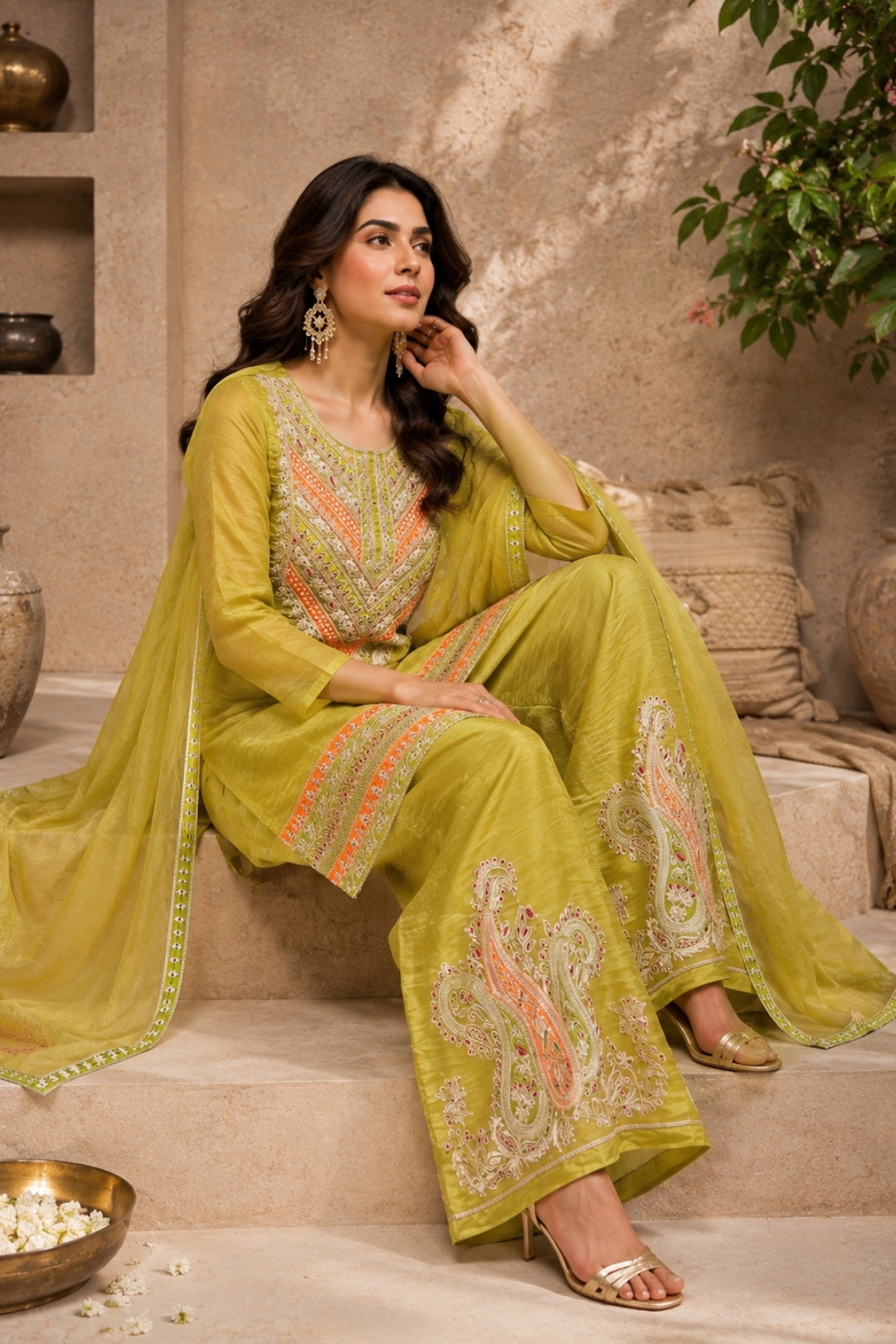 Lime Green Crushed Tissue Kurta Set