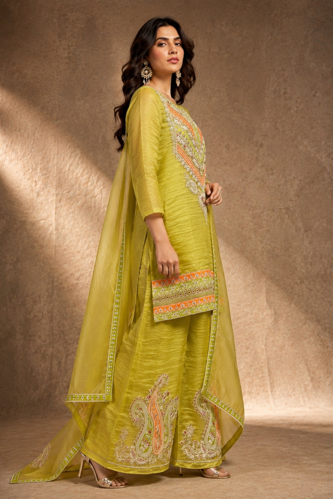 Lime Green Crushed Tissue Kurta Set