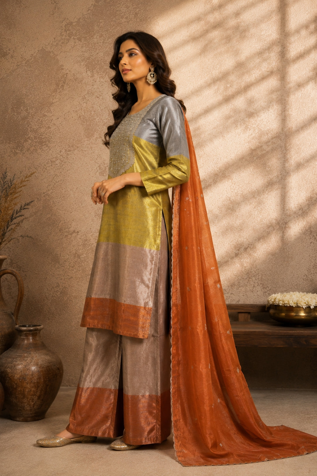 Colour-Block Grey Rust Tissue Silk Kurta Set