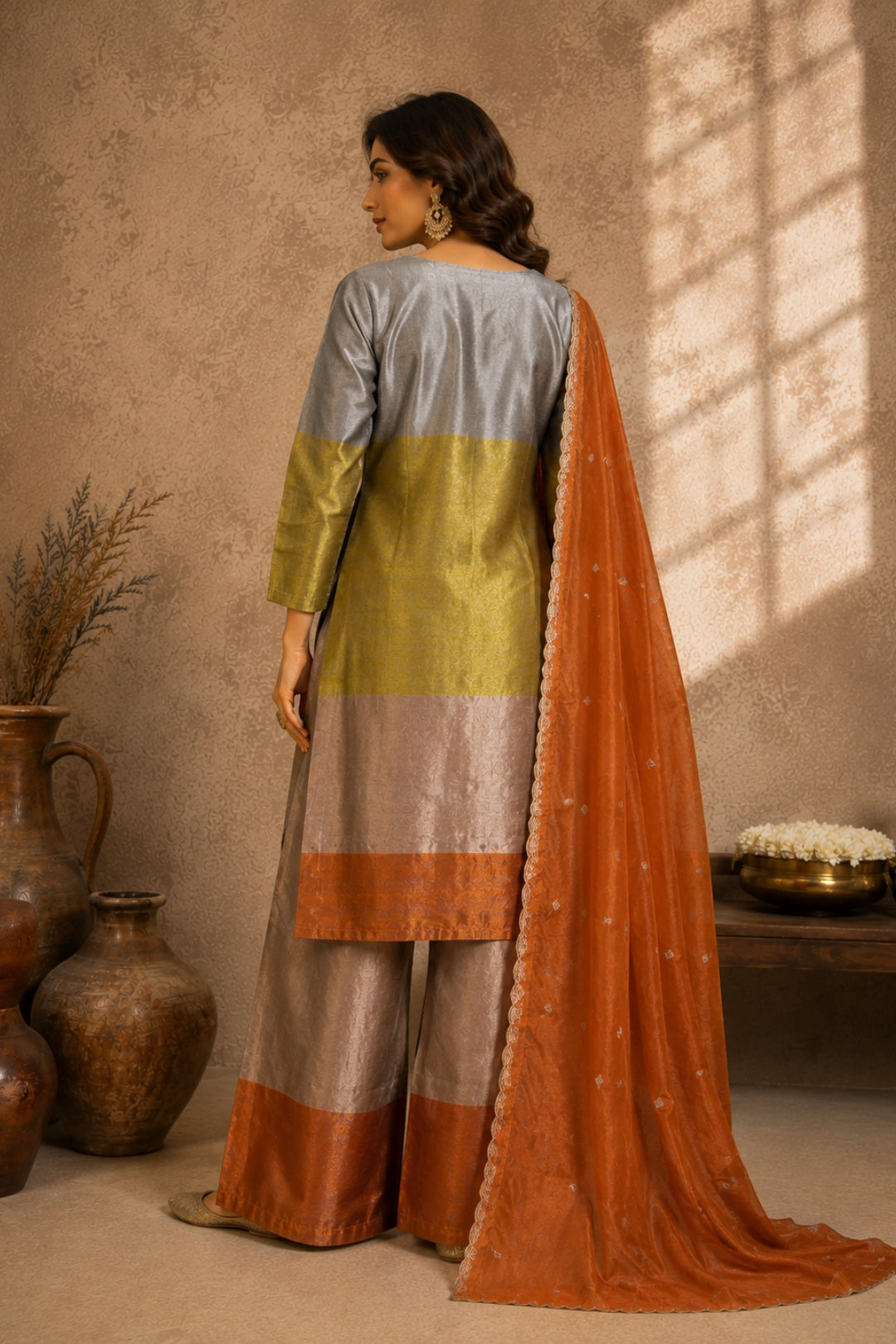 Colour-Block Grey Rust Tissue Silk Kurta Set
