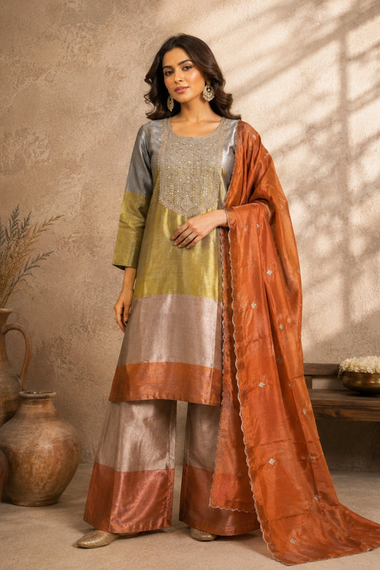 Colour-Block Grey Rust Tissue Silk Kurta Set