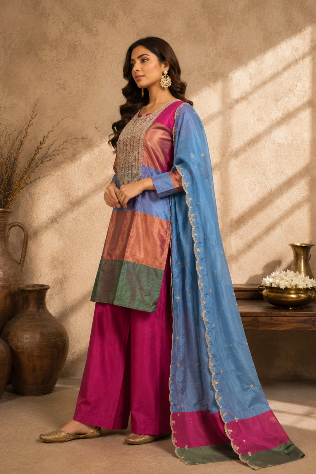 Multicolour Colour-Block Pink Blue Silk Kurta Set