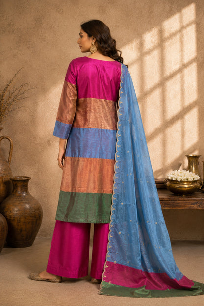 Multicolour Colour-Block Pink Blue Silk Kurta Set