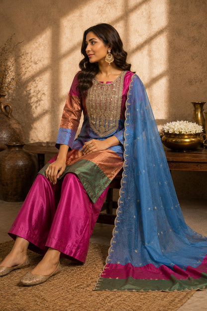 Multicolour Colour-Block Pink Blue Silk Kurta Set
