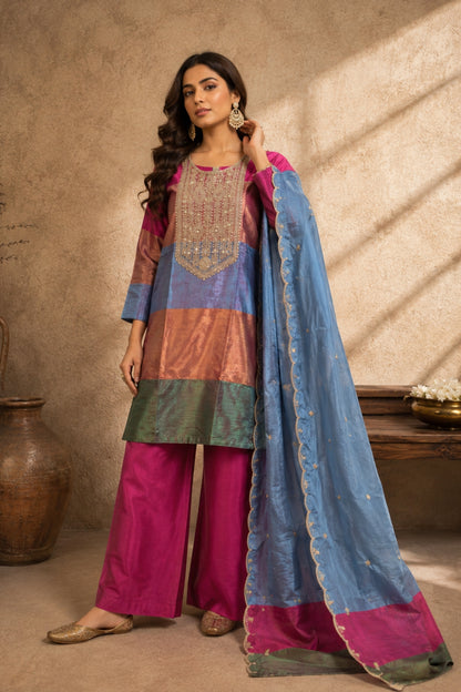 Multicolour Colour-Block Pink Blue Silk Kurta Set