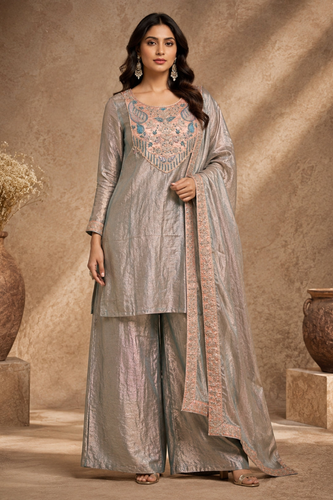 Grey Tissue Silk Kurta Set