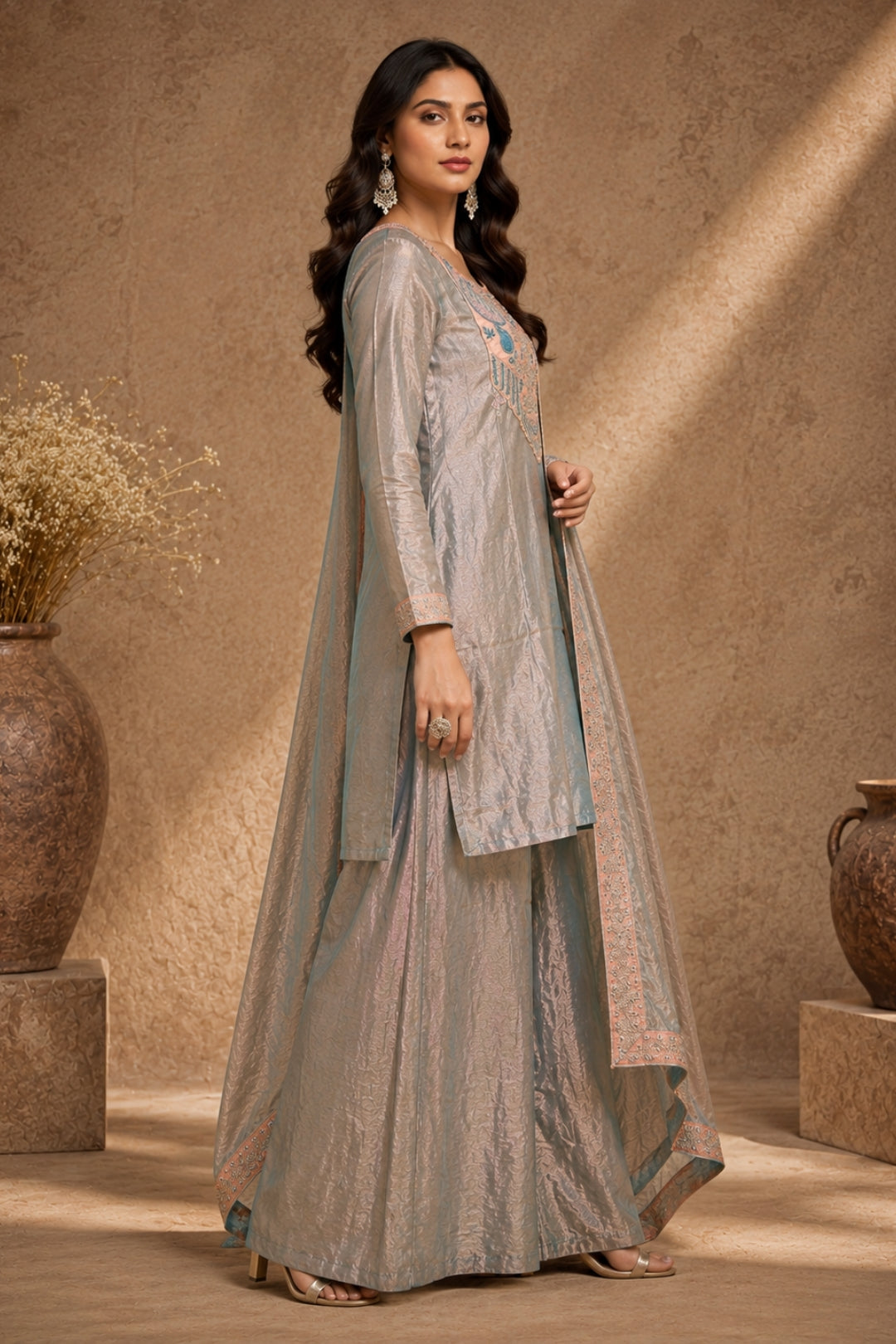 Grey Tissue Silk Kurta Set