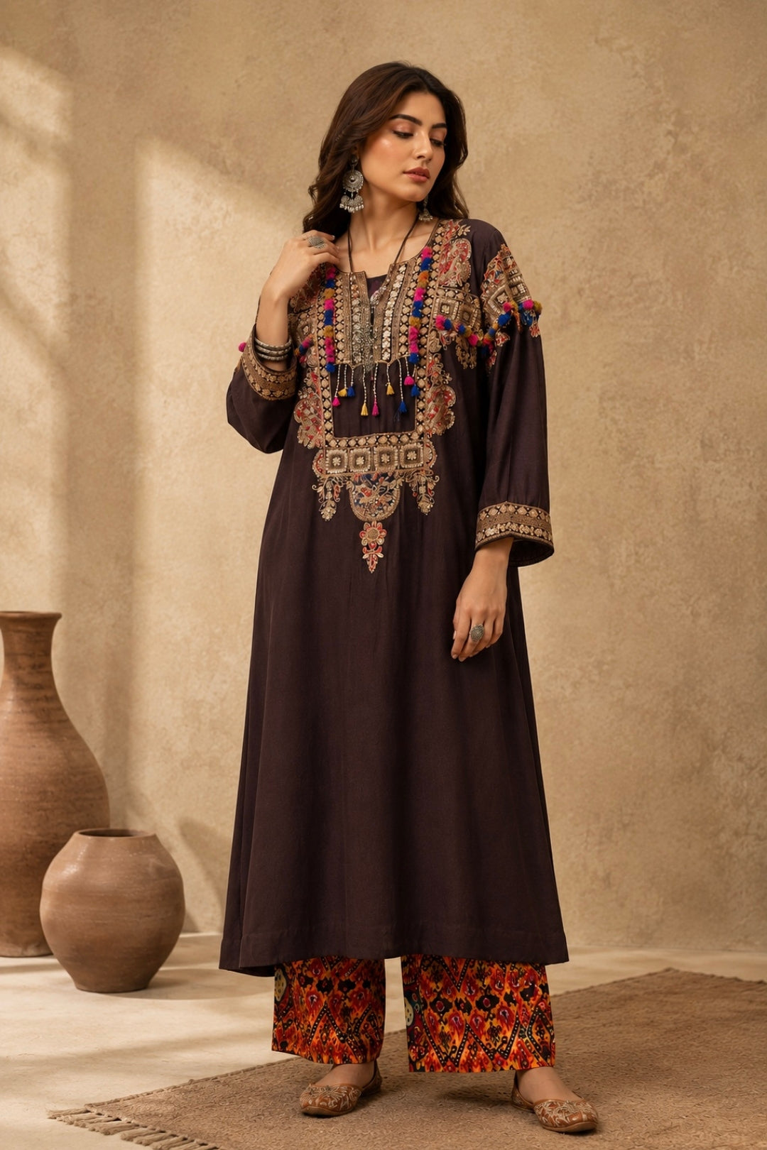 Brown Tribal Kurta Set