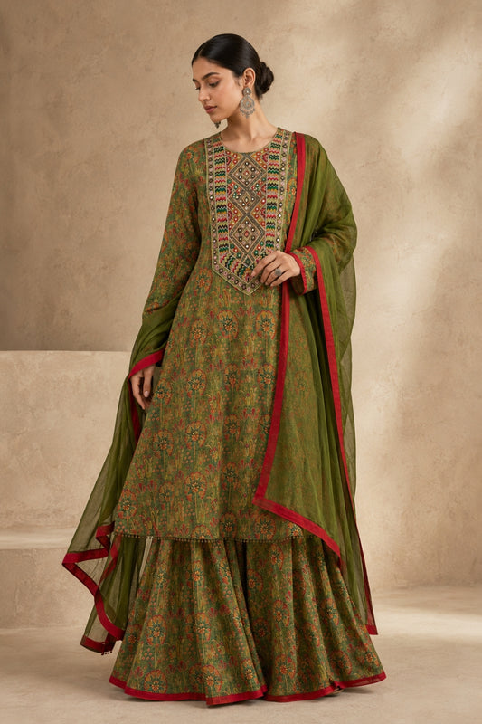 Olive Floral Sharara Set