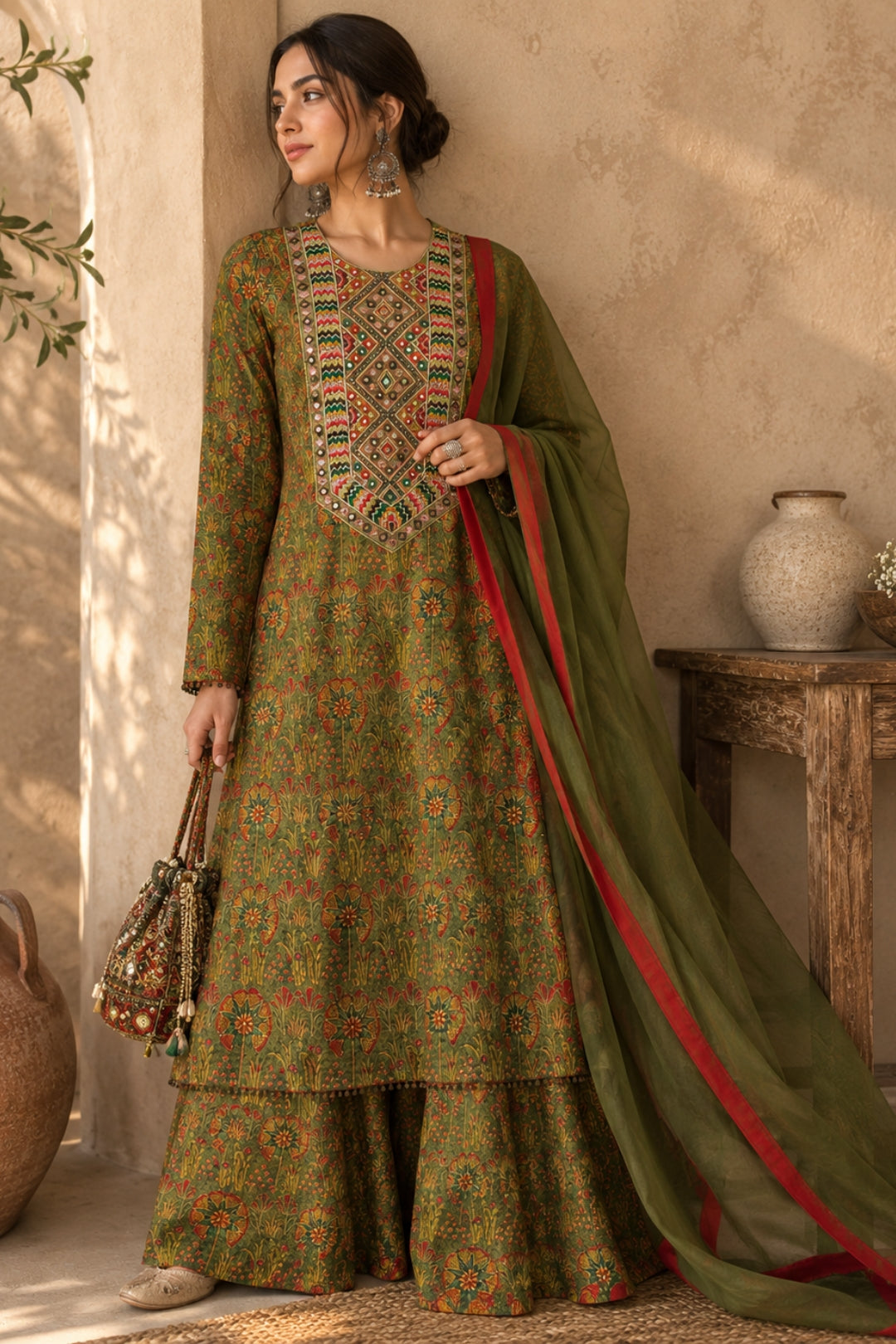 Olive Floral Sharara Set