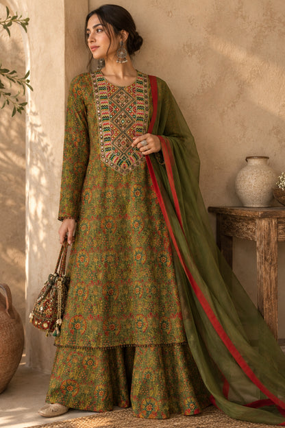 Olive Floral Sharara Set