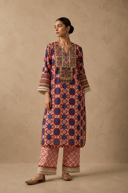 Red Tribal Kurta Set
