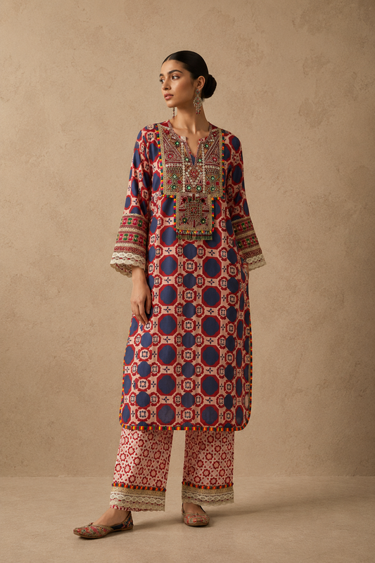 Red Tribal Kurta Set