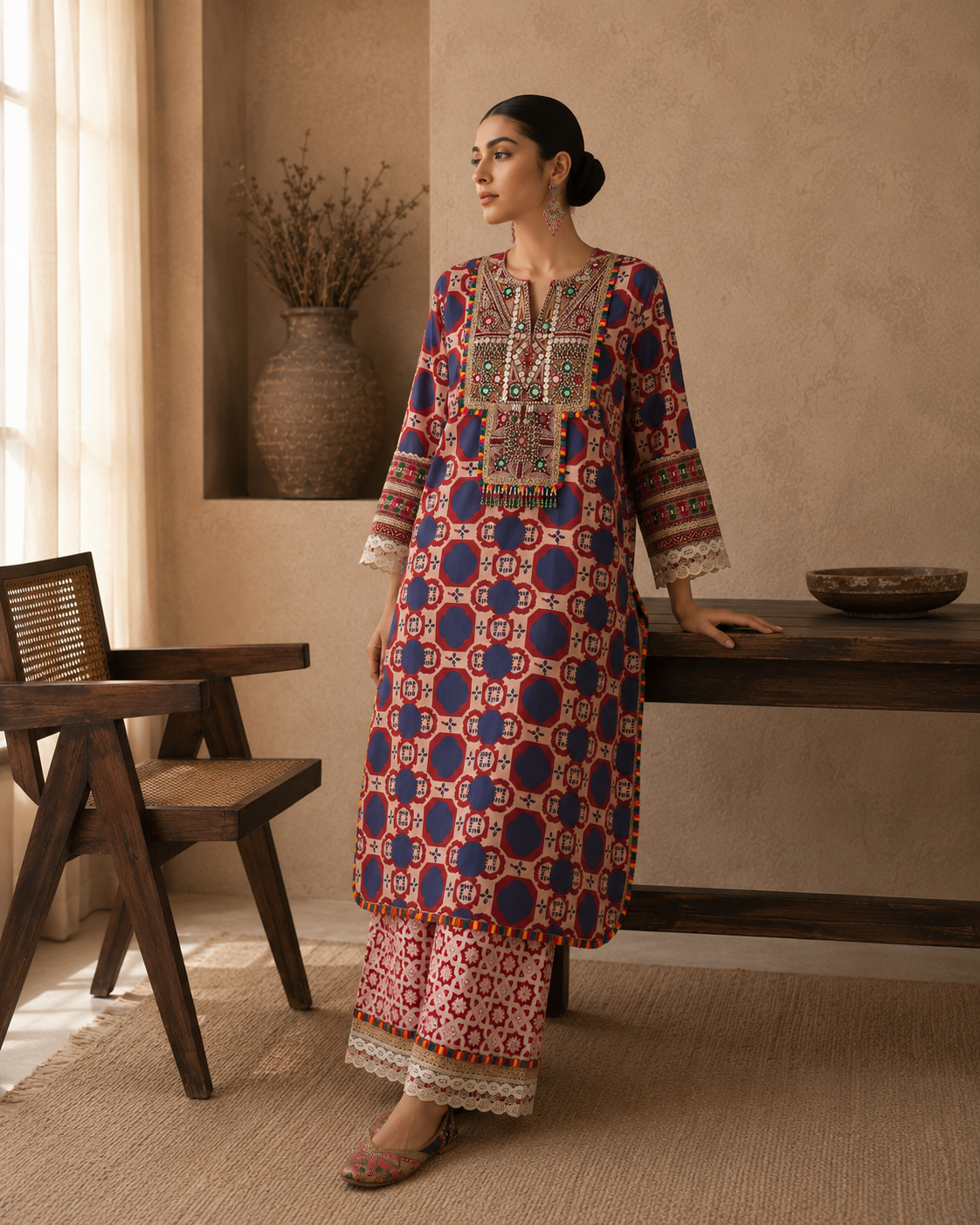 Red Tribal Kurta Set