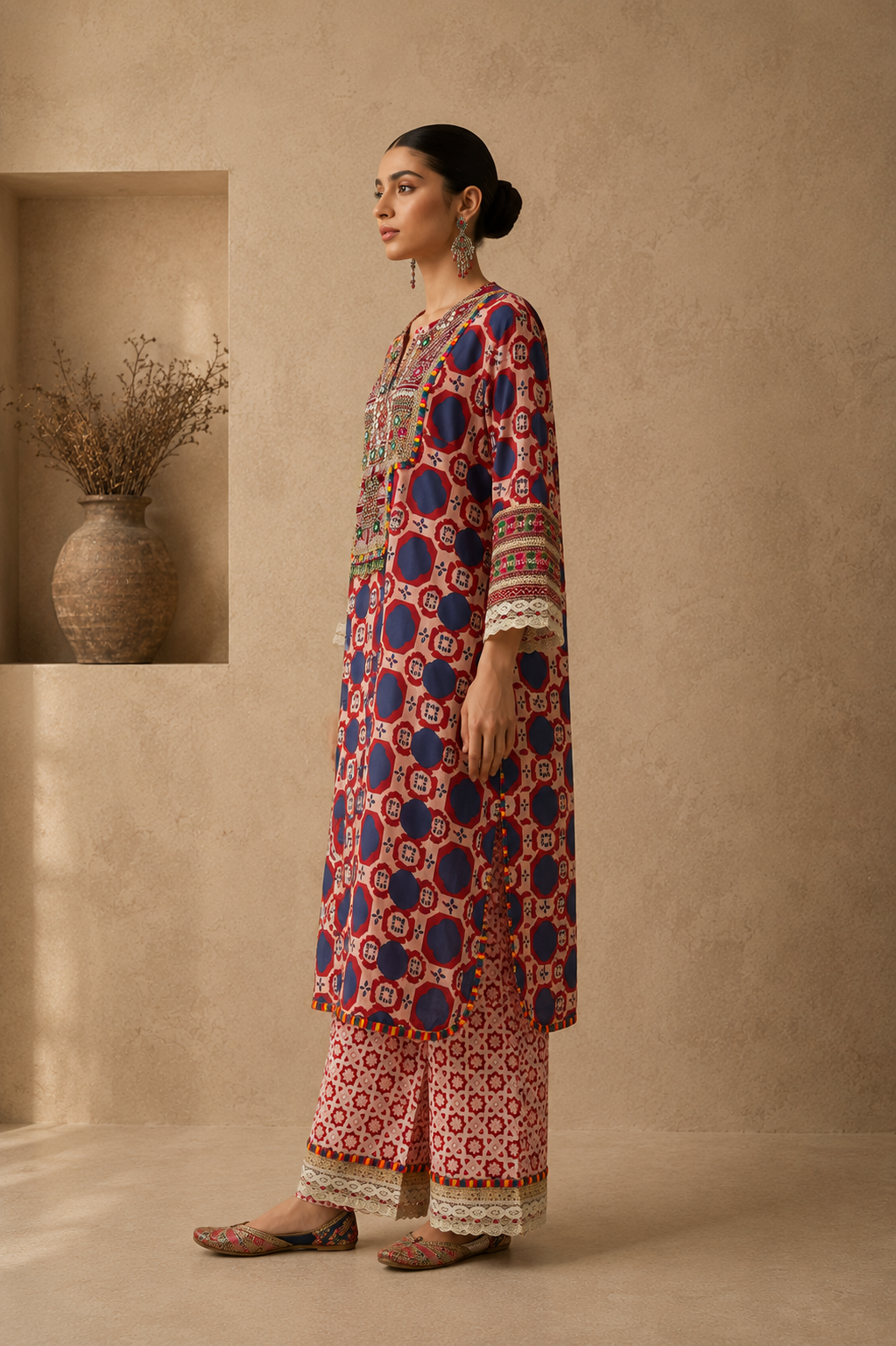 Red Tribal Kurta Set