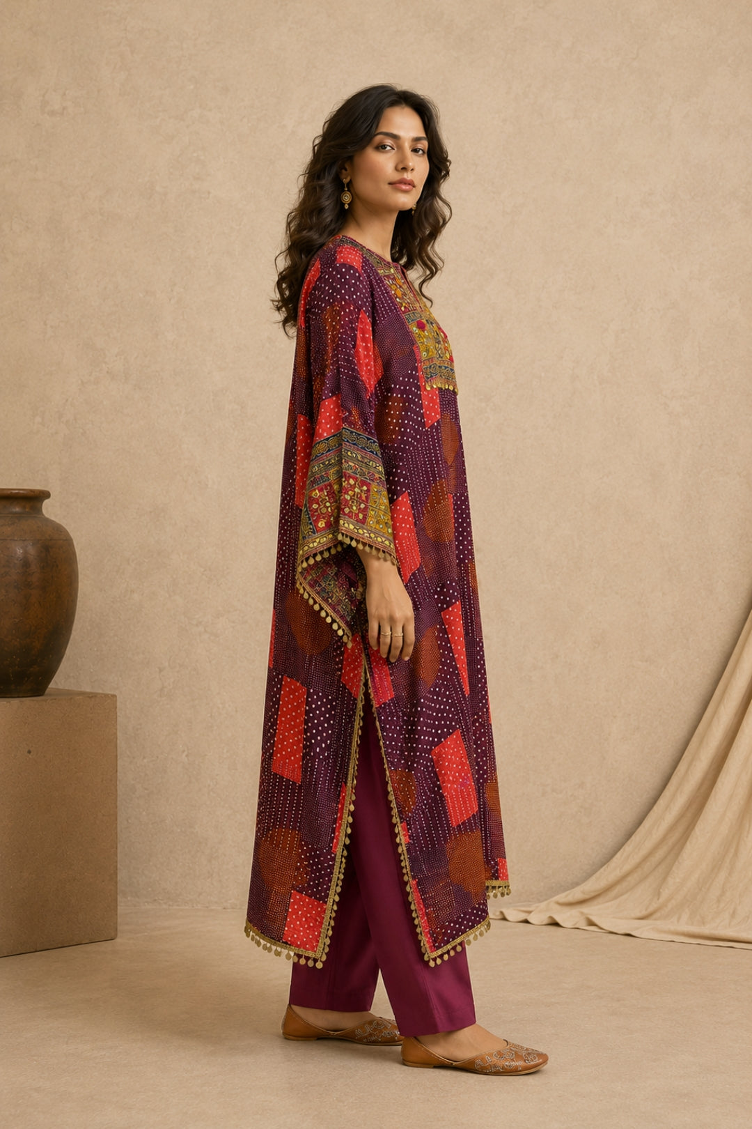 Purple Bandhani Kaftan Set