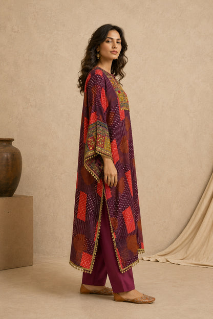 Purple Bandhani Kaftan Set