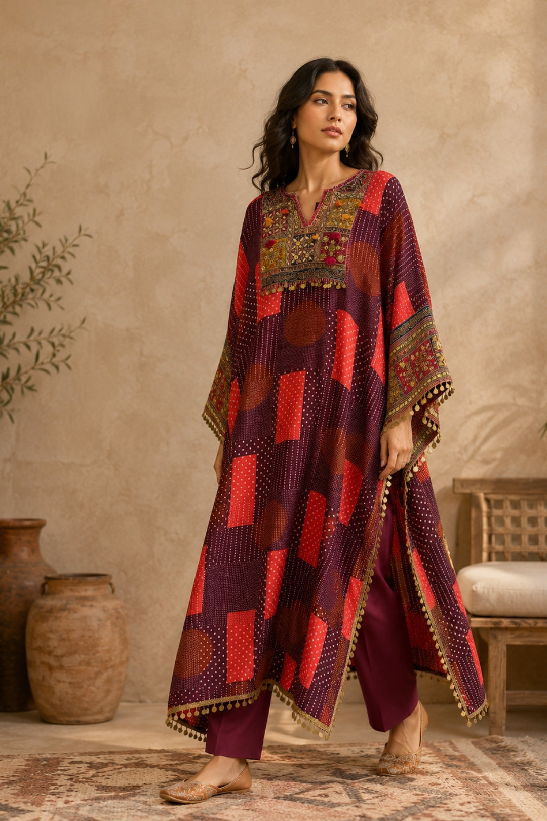 Purple Bandhani Kaftan Set
