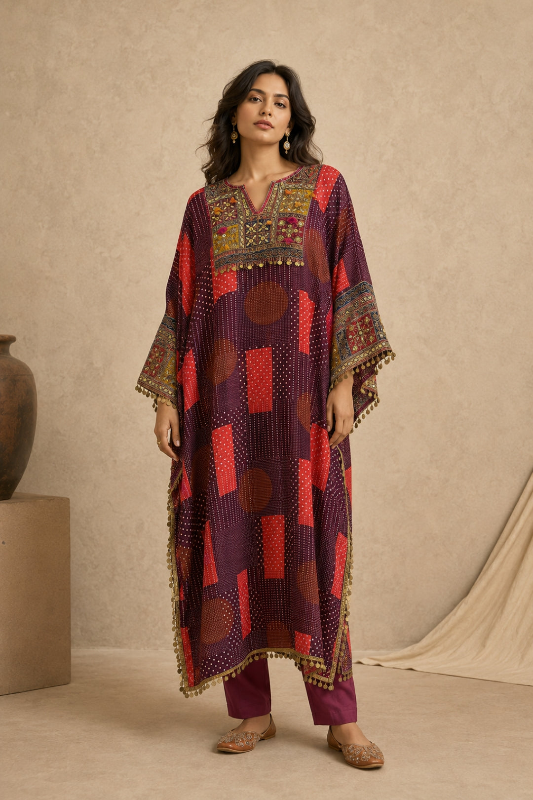 Purple Bandhani Kaftan Set