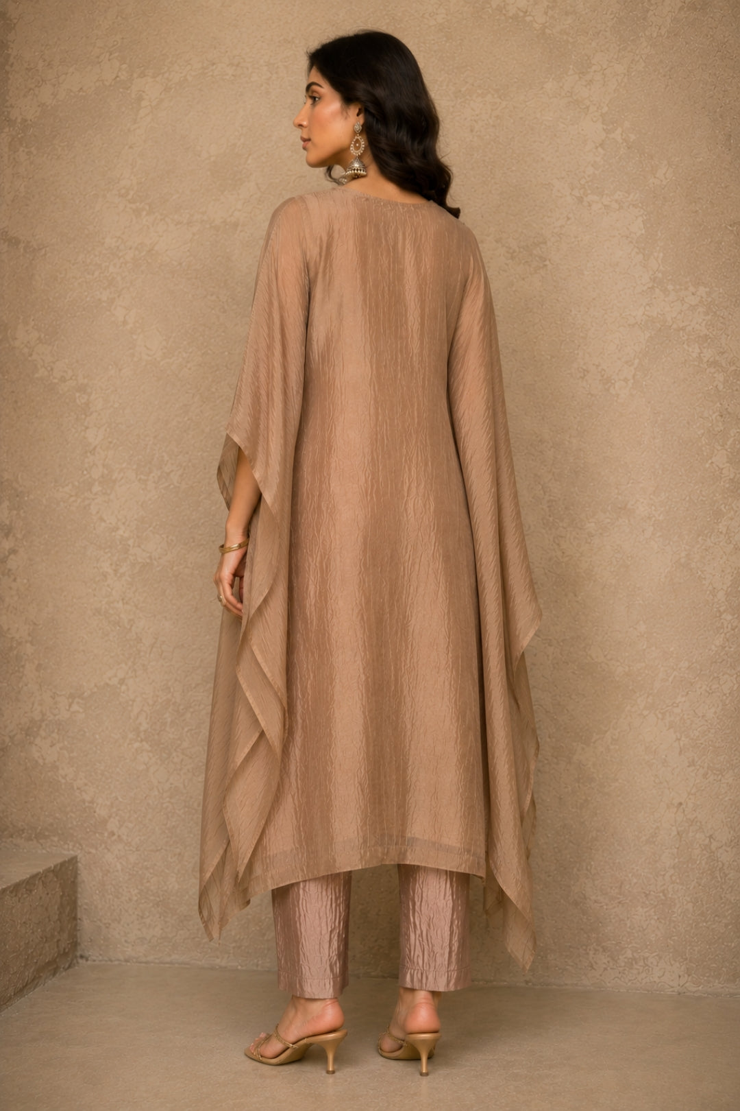 Beige Crinkled Kaftan Set