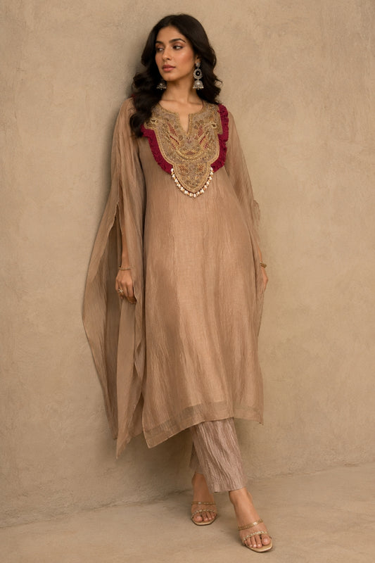 Beige Crinkled Kaftan Set