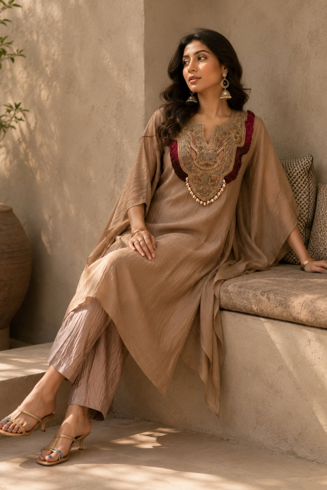 Beige Crinkled Kaftan Set