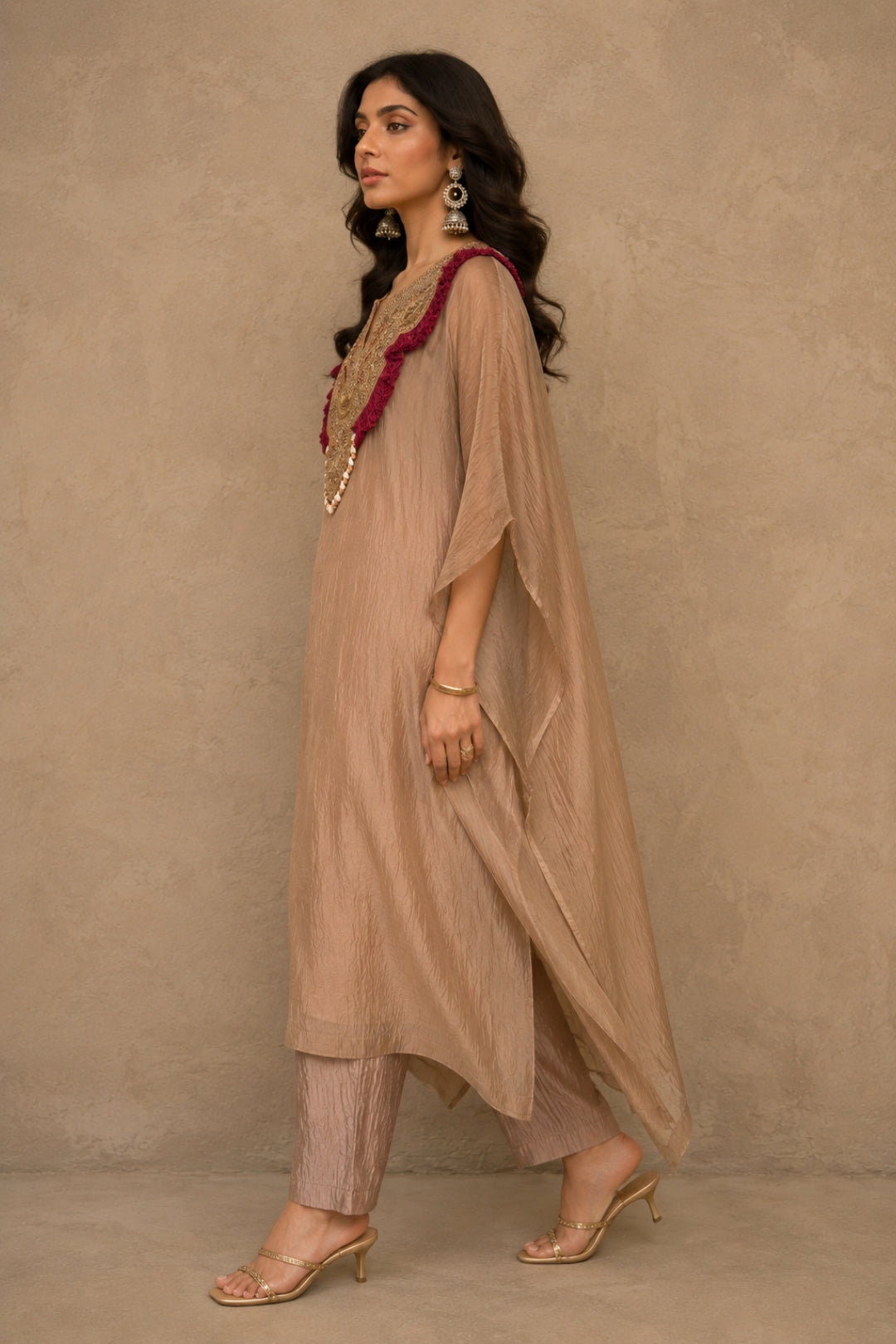 Beige Crinkled Kaftan Set