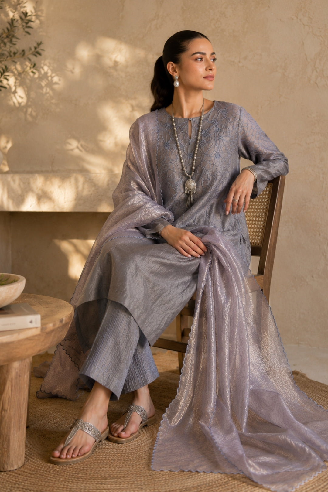 Grey Floral Kurta Set